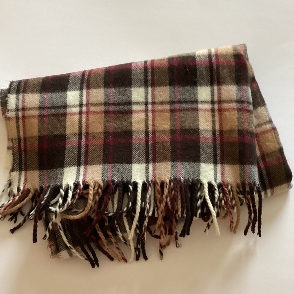 Wool Brown Plaid Shoulder Shawl Wrap Blanket Fringed Classic Scarf Neutral Tones